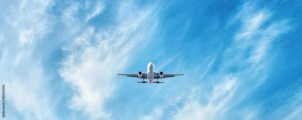 Flying Airplane in Clear Blue Sky with Clouds Panoramic View Flying Airplane in Clear Blue Sky with Clouds Panoramic View