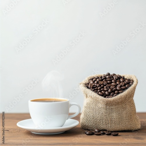 freshly brewed coffee with coffee beans in a burlap sack