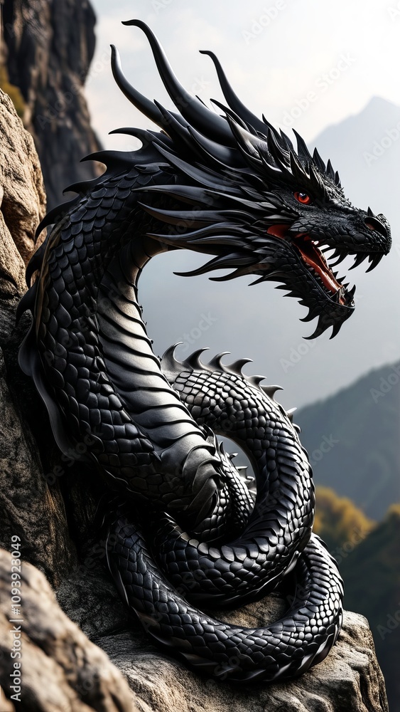 Obraz premium Majestic black dragon coiled among mountain rocks with fierce red eyes in natural landscape