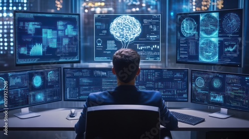 A person analyzes data on multiple screens with a digital brain graphic.