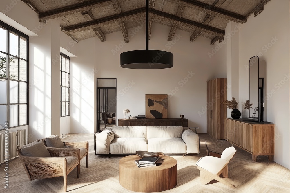 A spacious living room with a white couch, two armchairs, a coffee table, a wooden cabinet, a large mirror, and a black pendant lamp. A spacious living room with a white couch, two armchairs, a coffee table, a wooden cabinet, a large mirror, and a black pendant lamp.