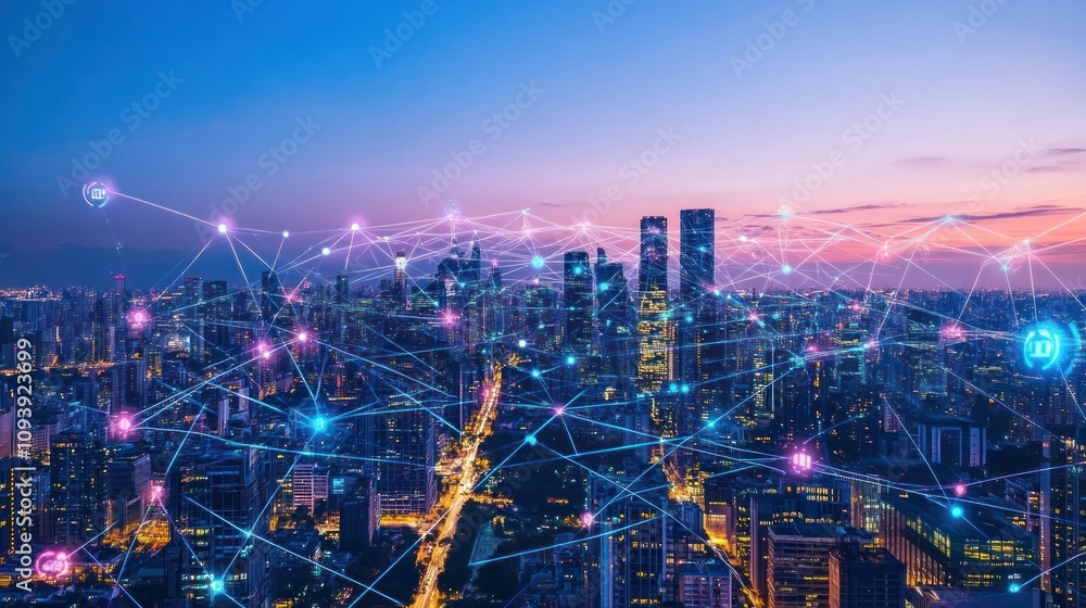 A city skyline at dusk, interconnected by digital network lines and icons. A city skyline at dusk, interconnected by digital network lines and icons.