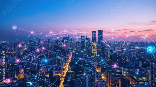 Wallpaper Mural A city skyline at dusk, interconnected by digital network lines and icons. Torontodigital.ca