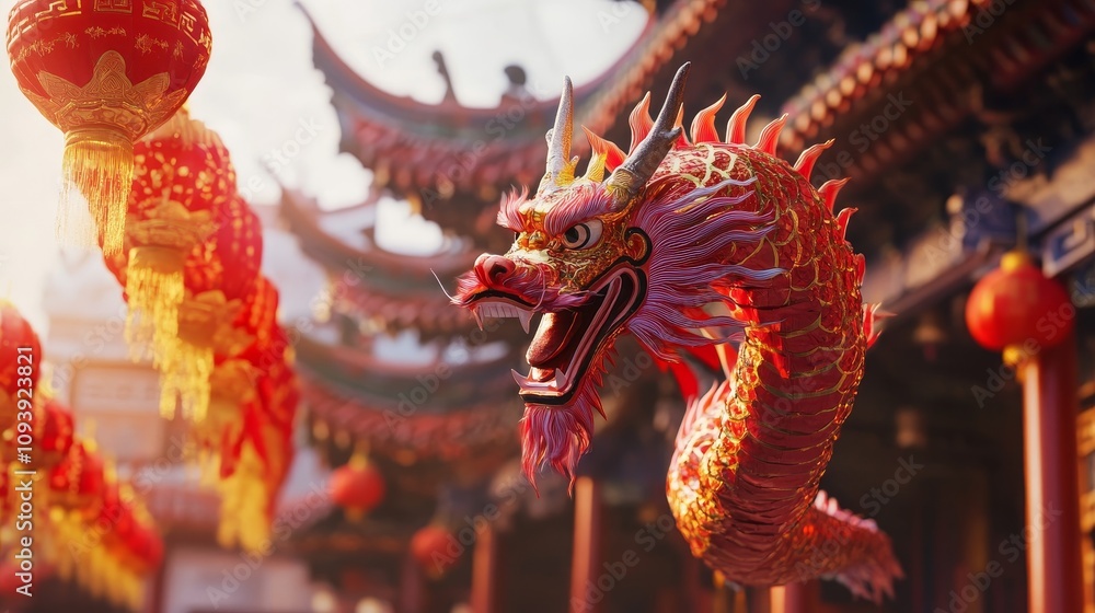 Obraz premium Dragon dancing through temple courtyard vibrant festival atmosphere cultural event lively environment aerial view traditional celebration