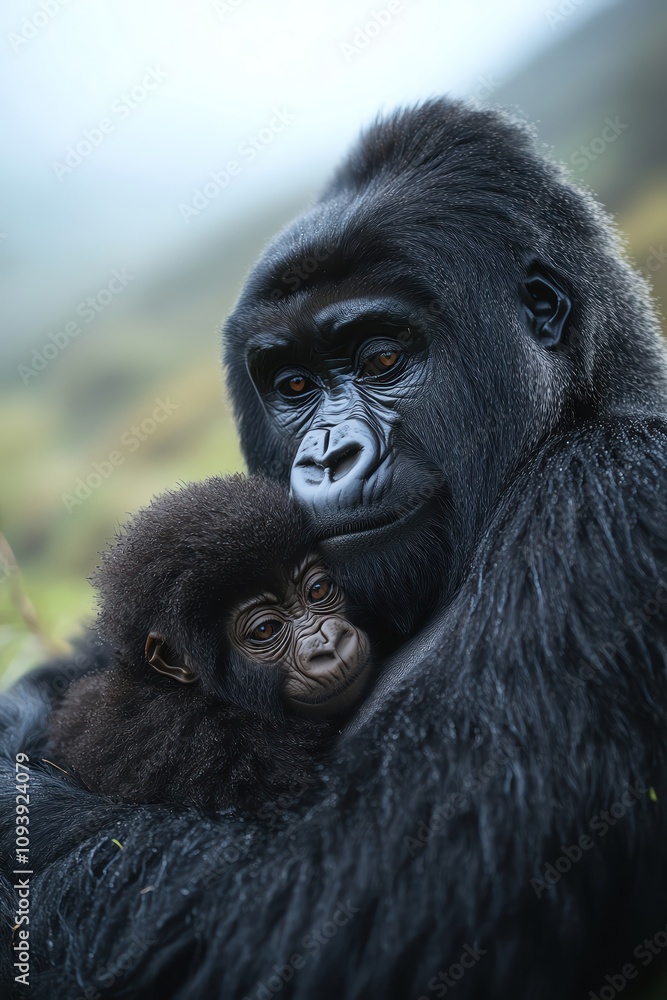 Obraz premium A powerful silverback gorilla gently cradling its young amidst the misty mountains of Rwanda