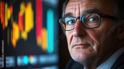 A mature businessman looks intently at vibrant financial charts, symbolizing focus and strategic thinking in finance