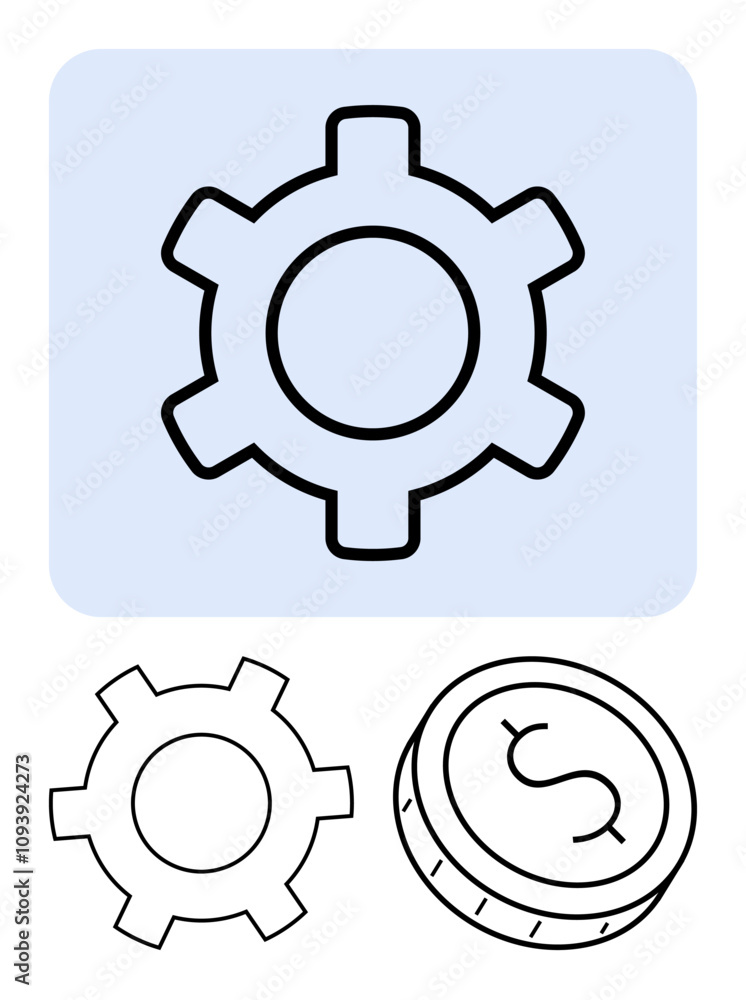 Gear cogs and a dollar coin signify industrial functionality and financial stability. Ideal for themes of business, finance, engineering, investment, economics, industry, and technology. Line Gear cogs and a dollar coin signify industrial functionality and financial stability. Ideal for themes of business, finance, engineering, investment, economics, industry, and technology. Line
