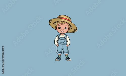 Cute boy in overalls and wide-brimmed straw hat.