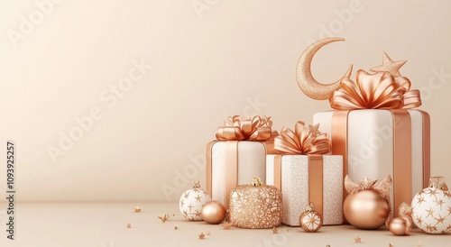 Islamic gift boxes with crescent moon and star motifs on beige background for Ramadan Eid celebration photo