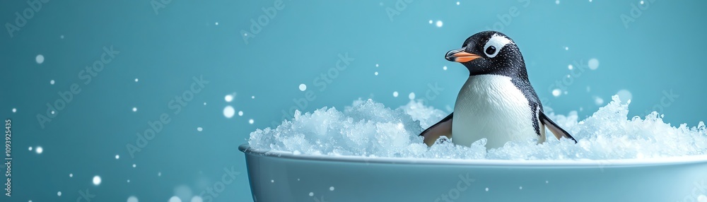 Fototapeta premium Penguin in a bathtub surrounded by ice, quirky and cool, minimalist blue background