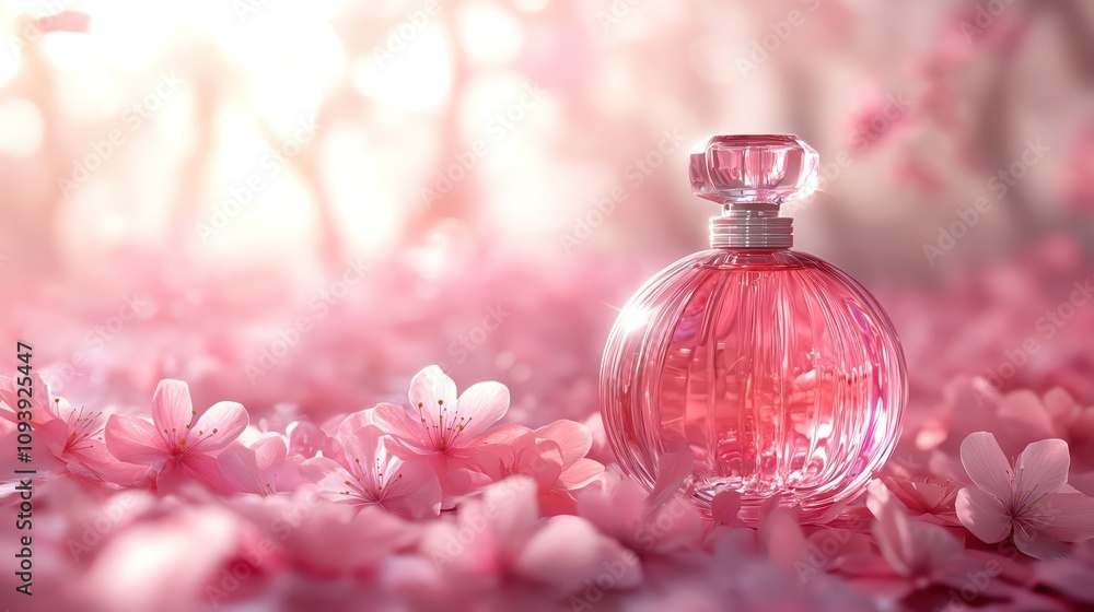 Perfume bottle with pink blossoms, elegant fragrance, pastel tones, soft light Perfume bottle with pink blossoms, elegant fragrance, pastel tones, soft light