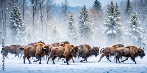 Majestic Bison in a Snowy Winter Landscape: Long Exposure Captures the Serenity of Nature’s Giants Amidst the Heavy Snowfall and Frosty Wilderness