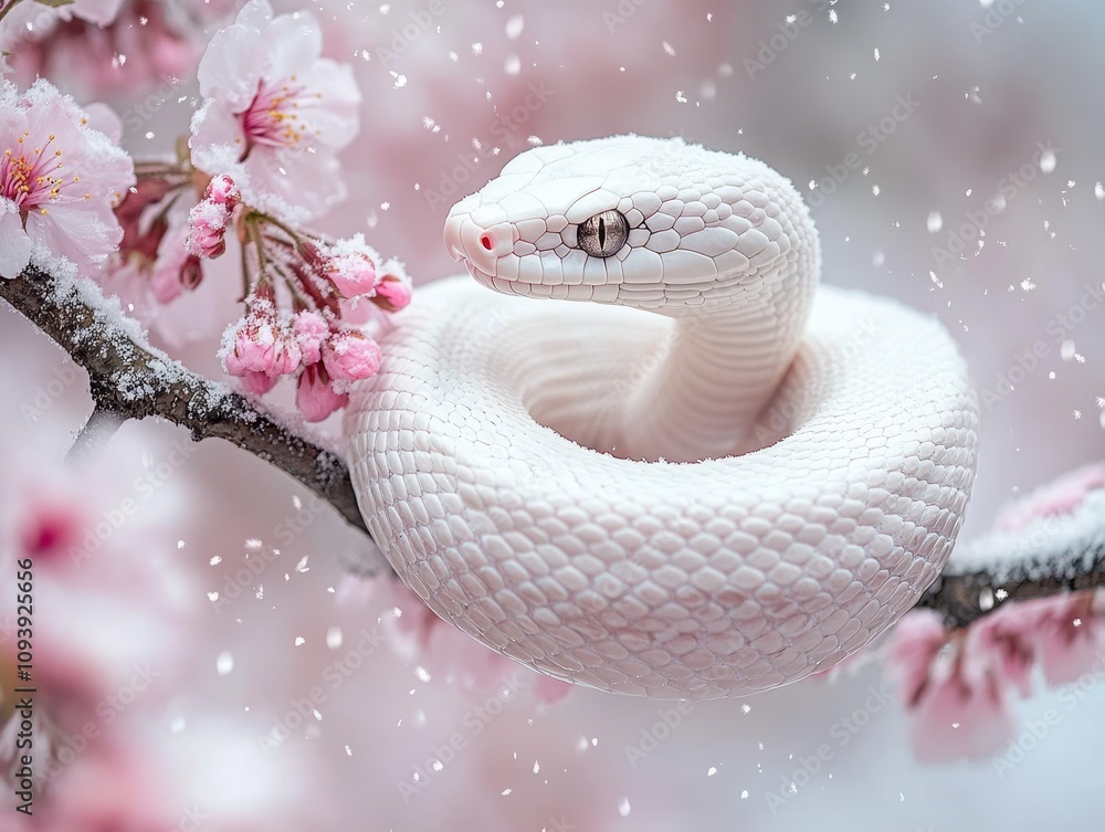 Fototapeta premium Majestic white snake resting on cherry blossom branch nature scene close-up view serene environment enigmatic beauty