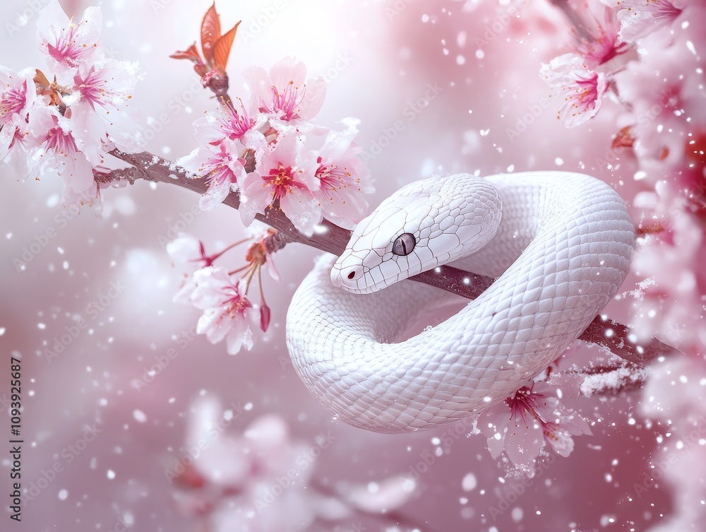 Fototapeta premium Majestic white snake resting on cherry blossom branch serene nature scene close-up tranquil environment symbol of beauty and peace