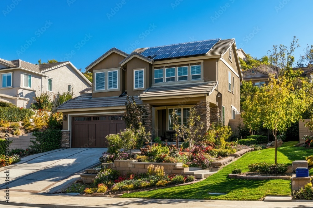 An energy-efficient home featuring a rooftop solar panel system and a backup gas generator, representing a balanced approach to renewable energy and reliable power supply. An energy-efficient home featuring a rooftop solar panel system and a backup gas generator, representing a balanced approach to renewable energy and reliable power supply.