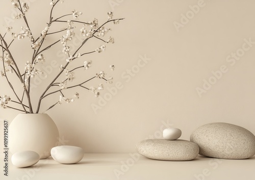 Minimalist composition with white flowers in a vase and stones on a beige background.