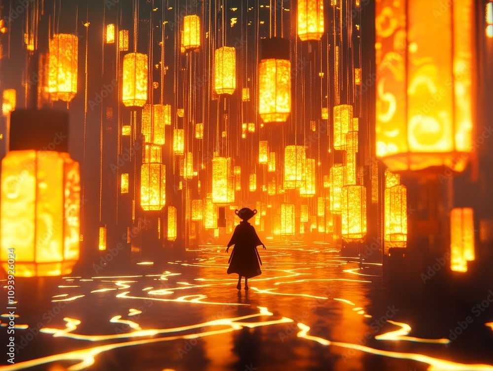 A noodle character navigating a maze of glowing lanterns in a dreamlike cityscape at night whimsical fantasy art A noodle character navigating a maze of glowing lanterns in a dreamlike cityscape at night whimsical fantasy art