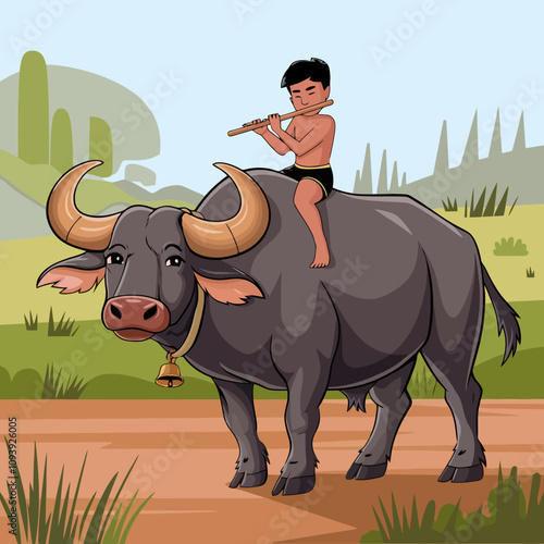 Boy playing flute while sitting on a water buffalo.