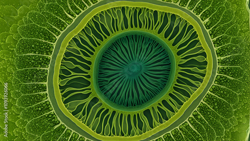 High magnification photomicrograph showcasing the intricate internal structure of Chlorella vulgaris a microalgae species renowned for its rich lipid and fatty acid content photo