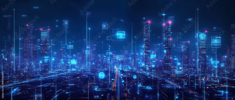 Obraz premium Futuristic cityscape with digital overlays and glowing data elements.