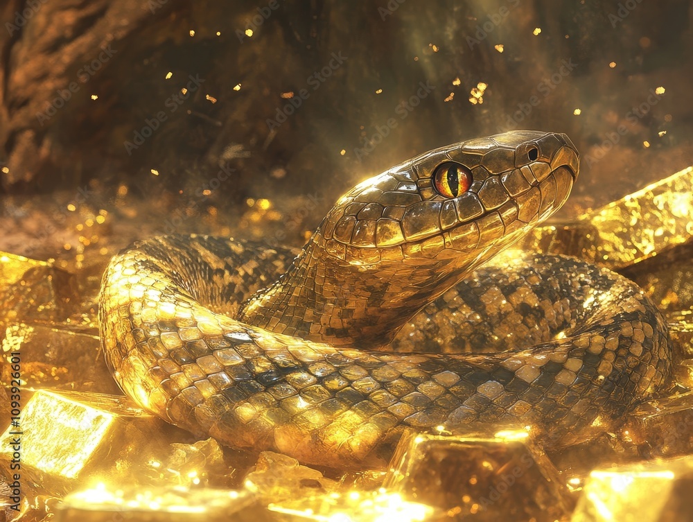 Golden snake basking in sunlight amidst shimmering treasure nature scene close-up view serene wildlife concept Golden snake basking in sunlight amidst shimmering treasure nature scene close-up view serene wildlife concept