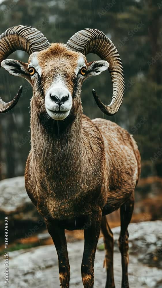 Majestic ram stands confidently in a mountainous landscape during a serene rain shower