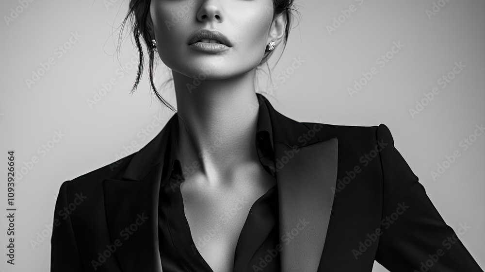 Fototapeta premium A young woman with dark hair, wearing a black tuxedo-style jacket, gazes intensely at the camera. The monochrome image accentuates her elegant features and the sophisticated style.