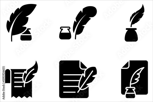 Feather and inkwell icon set. Poetry symbol on white background