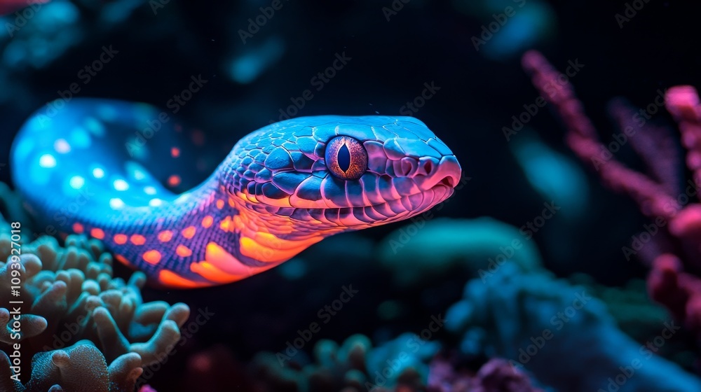 Luminous snake slithering through coral reef underwater scene nature photography vibrant environment close-up view unique wildlife concept Luminous snake slithering through coral reef underwater scene nature photography vibrant environment close-up view unique wildlife concept