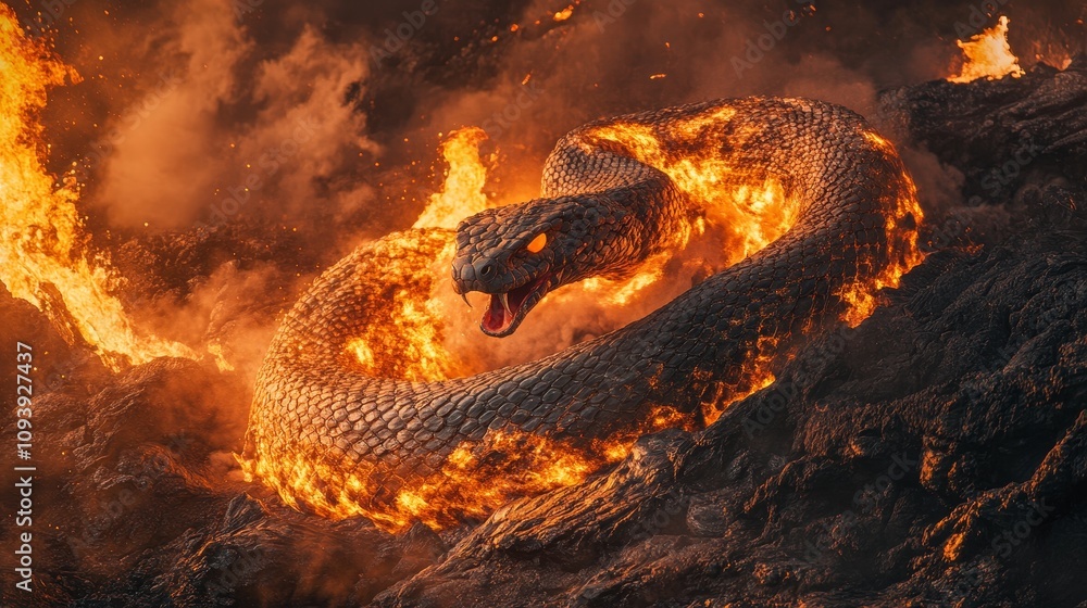 Naklejka premium Fiery snake coiling through volcanic landscape fantasy art dramatic environment close-up view mythical concept