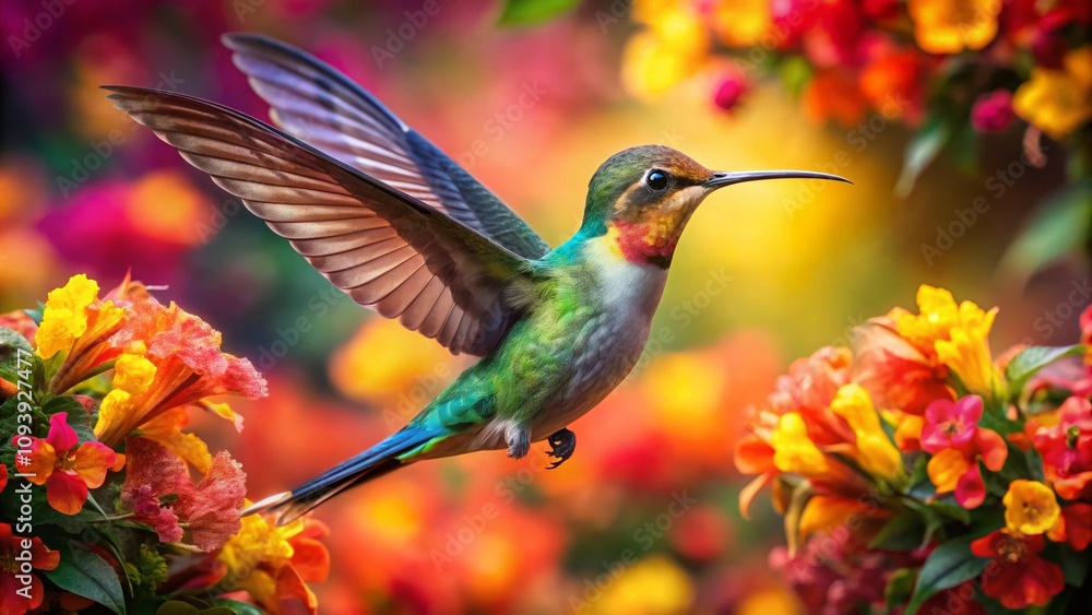 Majestic Hummingbird in Midflight Surrounded by Lush Vibrant Blossoms Capturing the Essence of Nature's Colorful Splendor and Intricate Beauty in Fashion Photography Style Majestic Hummingbird in Midflight Surrounded by Lush Vibrant Blossoms Capturing the Essence of Nature's Colorful Splendor and Intricate Beauty in Fashion Photography Style