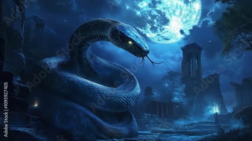 Mythical blue serpent slithering through ancient ruins under moonlight fantasy scene dark environment enigmatic viewpoint