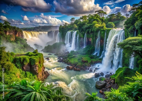 Majestic Iguazu Falls in the Lush Jungle: A Breathtaking View of Nature's Power with a Serene Atmosphere and Abundant Greenery Perfect for Travel and Adventure Themes