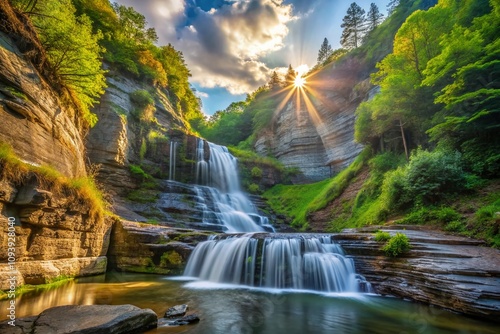 Majestic Lucifer Falls at Robert H Treman State Park: A Serene Landscape of Cascading Water, Lush Forests, and Natural Beauty Captured in Breathtaking Documentary Photography photo