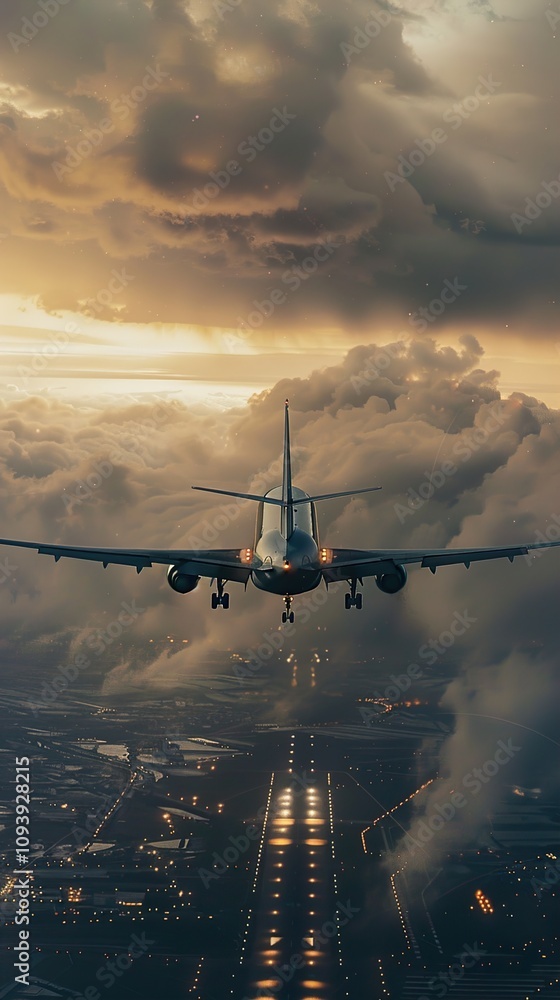 Airplane Landing at Night with Dramatic Clouds Airplane Landing at Night with Dramatic Clouds