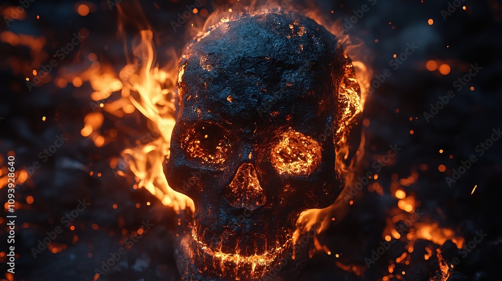 Burning skull engulfed in flames and embers. Burning skull engulfed in flames and embers.