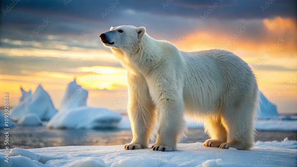 Majestic Polar Bear in Profile Against a Stunning Arctic Landscape, Showcasing Its Fluffy White Coat and Serene Expression Amidst a Beautiful High Depth of Field Background Majestic Polar Bear in Profile Against a Stunning Arctic Landscape, Showcasing Its Fluffy White Coat and Serene Expression Amidst a Beautiful High Depth of Field Background