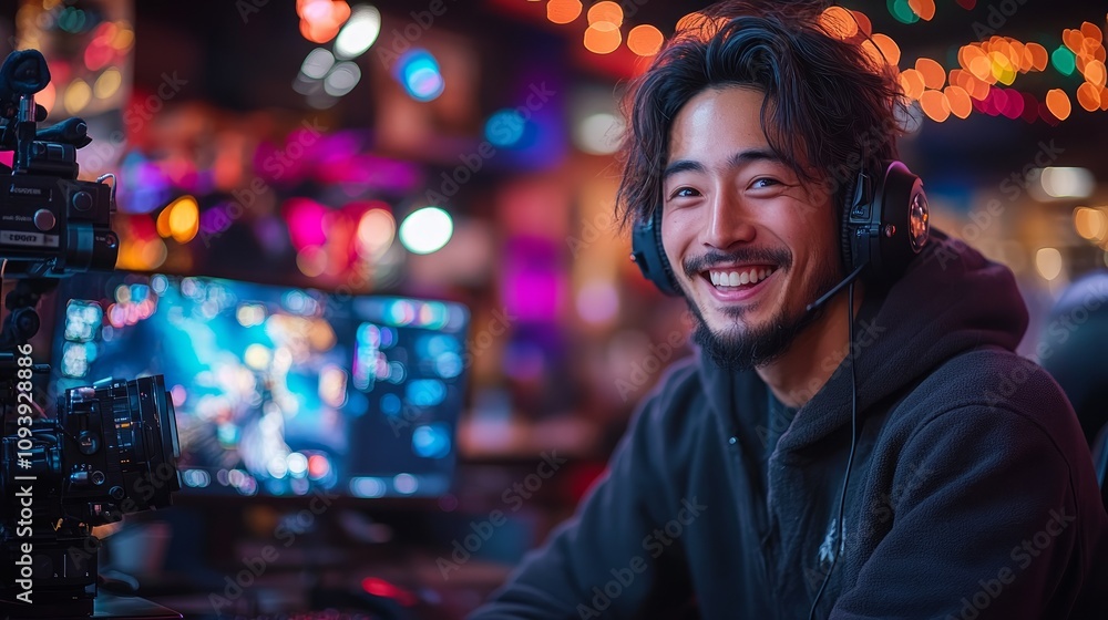 Happy young Asian man gamer smiles at camera during a live stream, wearing headset. Happy young Asian man gamer smiles at camera during a live stream, wearing headset.