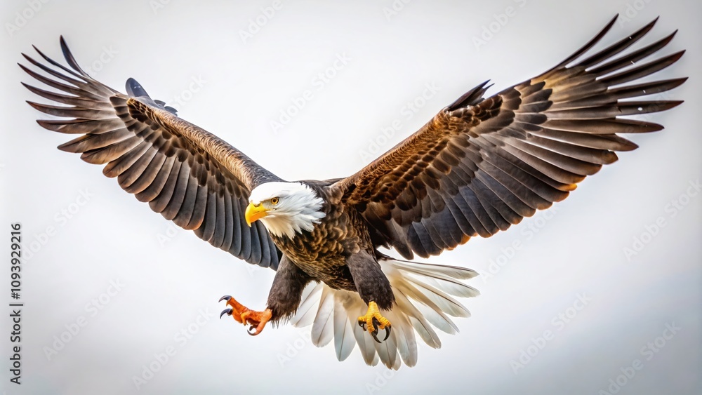 Fototapeta premium Majestic Silhouette of a Flying Eagle Against a Crisp White Background Captured in Candid Photography Style, Perfect for Nature and Wildlife Enthusiasts Seeking Stunning Imagery
