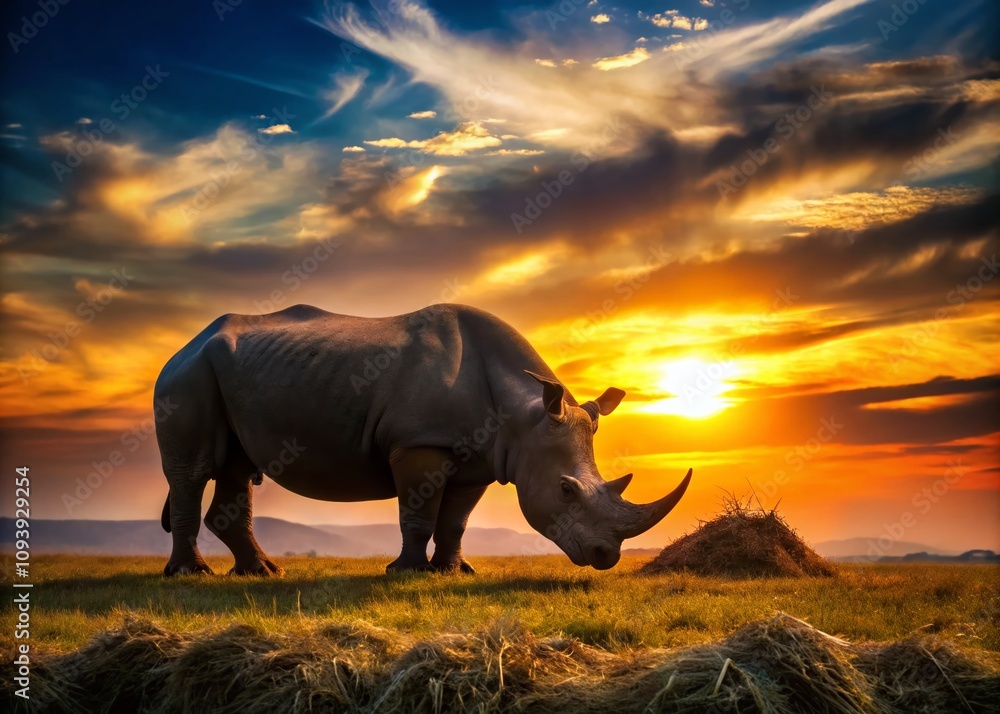 Obraz premium Majestic Silhouette of an Old White Rhinoceros Grazing on Grass and Hay in a Zoo at Sunset, Capturing the Beauty of Wildlife in Its Natural Habitat