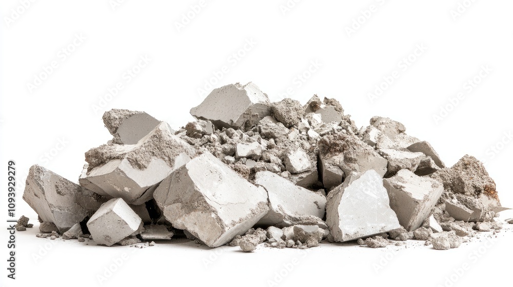 Pile of Crushed Concrete Debris on a White Background for Construction and Demolition Projects, Recycling Materials, Urban Renovation Concepts in Architecture and Design Pile of Crushed Concrete Debris on a White Background for Construction and Demolition Projects, Recycling Materials, Urban Renovation Concepts in Architecture and Design