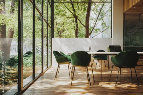 Modern office with large windows overlooking a green garden  with green velvet chairs and a white table.