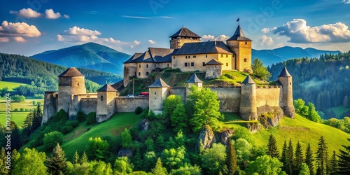 Majestic Stara Lubovna Castle in Slovakia Surrounded by Lush Greenery and a Clear Blue Sky, Perfect for Capturing the Beauty of European Landmarks with Copy Space photo