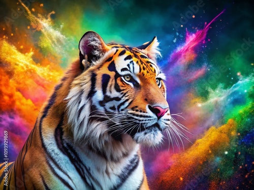 Majestic Tiger Surrounded by Vibrant Rainbow Splashes of Color Creating a Stunning and Captivating Visual Experience with Ample Space for Text and Creative Use