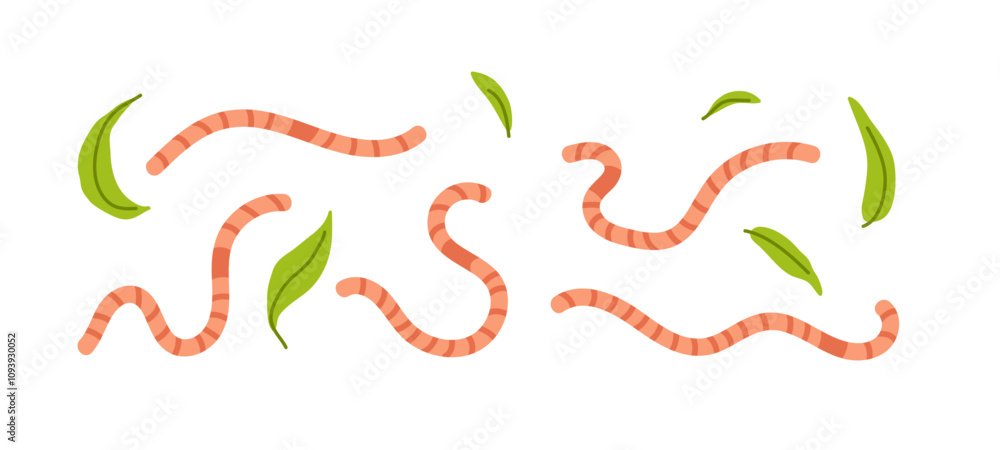 Εκτύπωση καμβά Colorful worms and green leaves scattered across a white background