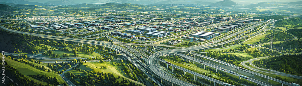 Illustrate a sprawling aerial view of a supply chain network Illustrate a sprawling aerial view of a supply chain network
