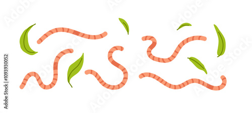 Colorful worms and green leaves scattered across a white background