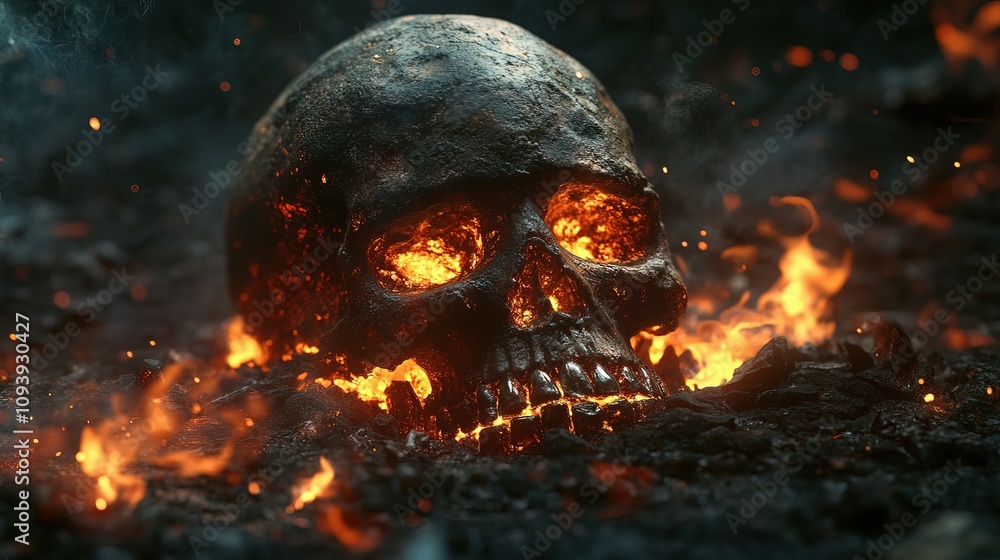 Flaming skull in burning embers. Flaming skull in burning embers.