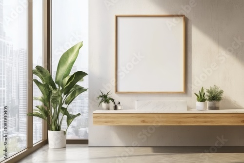 Minimalist bathroom with a large window  a floating wooden vanity  a white marble countertop  a framed poster  and plants.