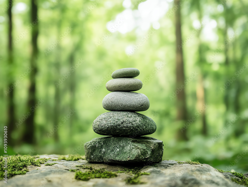 Balanced stones in tranquil forest setting, promoting relaxation Balanced stones in tranquil forest setting, promoting relaxation
